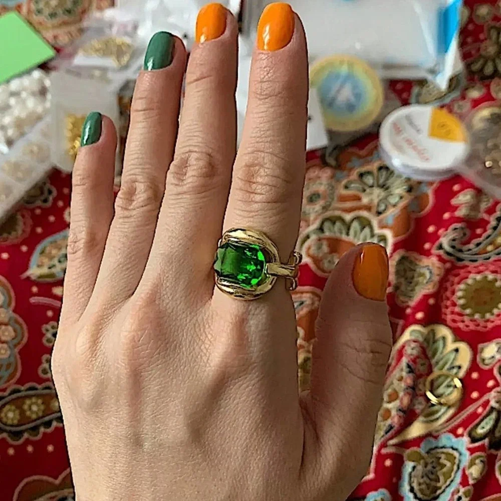 NEW GOLD 18K PLATED EMERALD GREEN ADJUSTABLE RESIZABLE RING